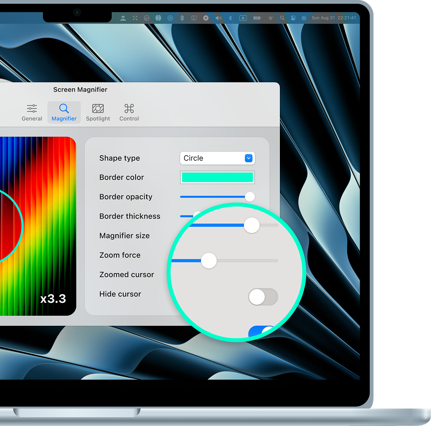 Screen Magnifier app running on macOS with magnification overlay